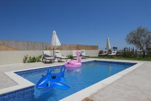Arismari Villa - Heated Private Pool في episkopi-heraklion: لعبتين قابلة للنفخ في حمام سباحة