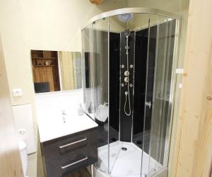 a bathroom with a shower with a glass shower stall at Charmant Studio Cité Vauban in Briançon