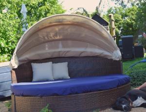 a wicker bed with two pillows and a dog at Hof Schlossblick in Bösdorf