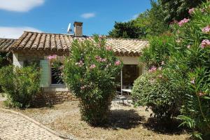 uma pequena casa com arbustos à frente em Mas des Figues Gîte #farmstay #certifiedorganic #zeropesticide #agritourism #ecotourism #saintrémydeprovence #Alpilles em Saint-Rémy-de-Provence