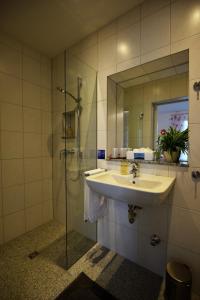 a bathroom with a sink and a shower with a mirror at Gästehaus Am Hochsimmer in Ettringen