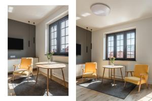 two pictures of a room with a table and chairs at BY THE RIVER apartments in Gdańsk