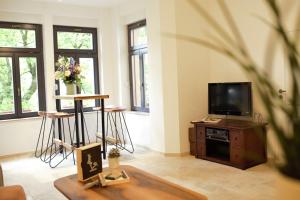 Magnolia Suite في إيزيناخ: غرفة معيشة مع تلفزيون على خزانة خشبية