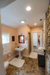 uma casa de banho com um lavatório, um chuveiro e um WC. em Thomas Rose Inn em Lewisburg