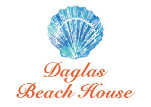 un'illustrazione vettoriale di una casa sulla spiaggia con un guscio e le parole dalle dalie di Daglas Beach House a Nydri