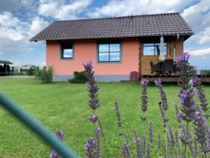 a house with purple flowers in front of it at Willa Różowy Domek in Rakowice Małe