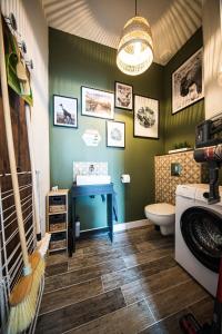 ein Badezimmer mit grünen Wänden, einem WC und einem Waschbecken in der Unterkunft L'Atypique, charmante maison avec jardin clos in Amboise