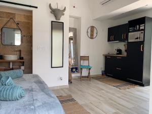 a living room with a bed and a mirror at L’olivier De Manel in Aigues-Mortes