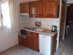 シダリにあるAggeliki Apartmentsのキッチン(木製キャビネット、白い冷蔵庫付)