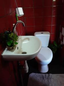 uma casa de banho com um lavatório branco e um WC. em Royal Authenticité em Patio