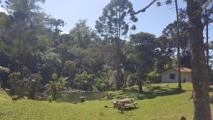 a picnic table in a field next to a lake at Gran Camping Cabanas da Fazenda in Visconde De Maua