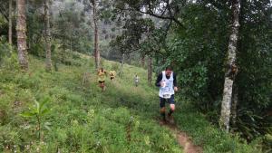a group of people running on a trail in a forest at Gran Camping Cabanas da Fazenda in Visconde De Maua