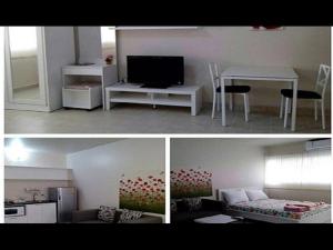 two pictures of a living room and a living room with a tv at T8 Guest House Don Mueang Challenger in Ban Song Hong