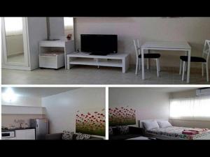 two pictures of a living room and a room with a television at T8 Guest House Don Mueang Challenger in Ban Song Hong