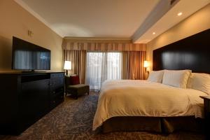 um quarto de hotel com uma cama e uma televisão de ecrã plano em La Bellasera Hotel & Suites em Paso Robles