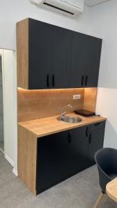 eine Küche mit einem Waschbecken und schwarzen Schränken in der Unterkunft Simba Apartment B in Smarjeske Toplice