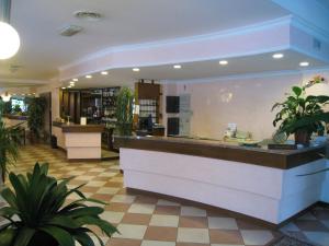 a restaurant with a counter with potted plants at Hotel Boomerang - Check-in & Meals in front at hotel Sporting in Tabiano +45 photos