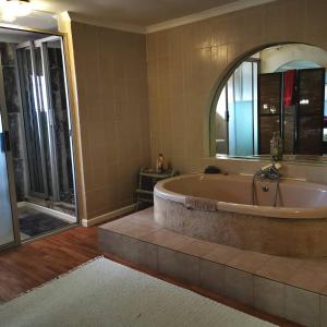 a large bathroom with a tub and a large mirror at Phantom Croft Guest Lodge in Mossel Bay