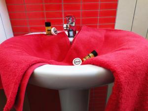 La salle de bains est pourvue d'un lavabo et d'une serviette rouge. dans l'établissement Villa Irida Sun, à Olympiakí Aktí