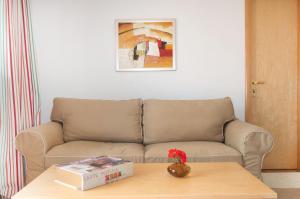 a living room with a couch and a box on a table at Miraluna Aparthotel in Lefkos Karpathou