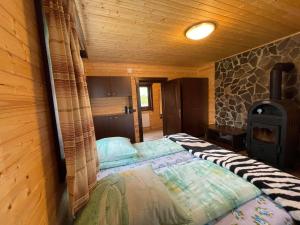 a bedroom with a bed and a wood stove at Balu in Borzont