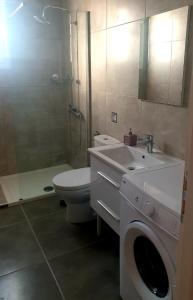 La salle de bains est pourvue d'un lavabo, de toilettes et d'une douche. dans l'établissement Blue Seaview Appartments, à Paphos