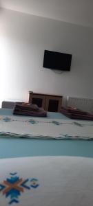 1 dormitorio con 2 camas y TV en la pared en Casa Amina, en Sulina