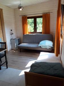 a living room with a couch and a window at Domek nad Szelągiem in Stare Jabłonki