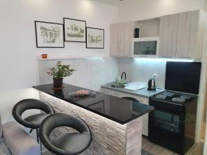 a small kitchen with a black counter and a stove at Studio Milenic in Trebinje +7 photos
