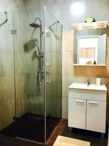 bagno con doccia in vetro e lavandino di Apartmani Maki a Omiš (Almissa)