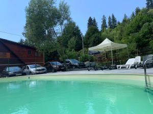 a large pool of water with chairs and a tent at Sárkánytanya-Hanul Dragonului in Sicasău