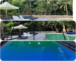 a collage of two pictures of a swimming pool and a house at Sárkánytanya-Hanul Dragonului in Sicasău