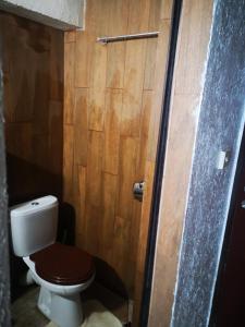 een badkamer met een toilet en een houten muur bij Studio- Krasi in Varna