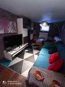 - une chambre avec un lit et une télévision à écran plat dans l'établissement Maison de campagne tout confort, bol d'air frais, à Saint-Beauzély