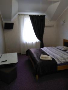 um quarto de hotel com uma cama e uma janela em VIZIT em Stryi