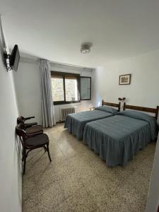 塞特卡薩斯的住宿－Hostal Ter，一间卧室配有两张床和椅子