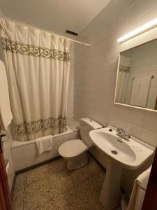 uma casa de banho com um lavatório, um WC e um chuveiro em Hostal Ter em Setcases