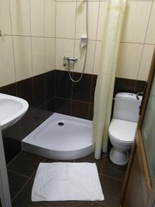ein Bad mit einer Dusche, einem WC und einem Waschbecken in der Unterkunft VIZIT in Stryi