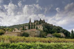 a castle on top of a hill with buildings at Ma petite cabane Gites des oliviers in La Roque-sur-Cèze