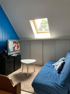 een kamer met een bed en een televisie en een tafel bij Residence Labrège T2Duplex Spa Piscine in Sargé Les Le Mans 