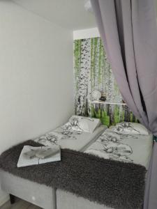 1 Schlafzimmer mit 2 Betten und einem Vorhang in der Unterkunft Torni-Mänttä in Mänttä