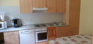 a kitchen with a sink and a stove top oven at Ferienwohnung groß in Lütow
