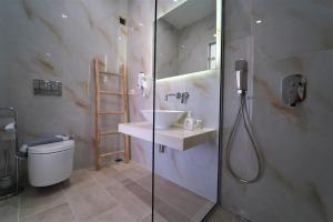 a bathroom with a shower with a sink and a toilet at Casa Arkoudas in Parga