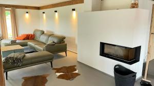 ein Wohnzimmer mit einem Sofa und einem Flachbild-TV in der Unterkunft Ferienhaus rehberg14 in Drachselsried