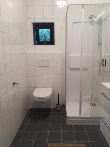 a bathroom with a toilet and a shower and a window at Modern Tiny House op rustig Watersportpark in Elahuizen