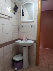 a bathroom with a sink and a toilet and a mirror at Studio apartman Ivana in Jajce