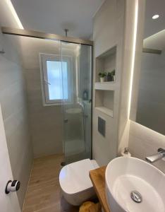 łazienka z prysznicem, toaletą i umywalką w obiekcie Corfu, Glyfada, Sea la vie apartment w mieście Glifada