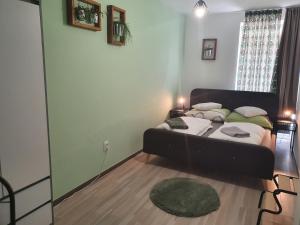 1 dormitorio con cama y alfombra verde en Kaktusz City, en Hévíz