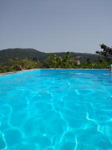uma piscina de água azul com montanhas ao fundo em Apartment with private pool for rent in Tzanata Kefalonia em Dhimisianáta