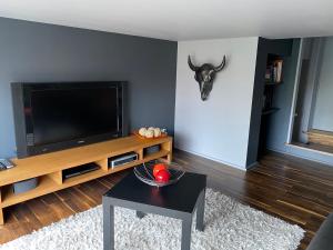 uma sala de estar com televisão e um crânio de touro na parede em Gîte 1908 avec GARAGE em Wimereux